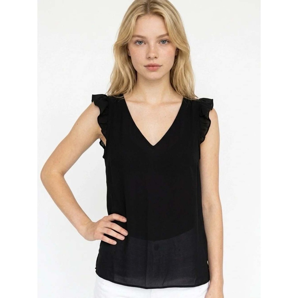 Banana Republic Black Ruffle Cap Sleeve V-Neck Blouse Top Medium RN 54023